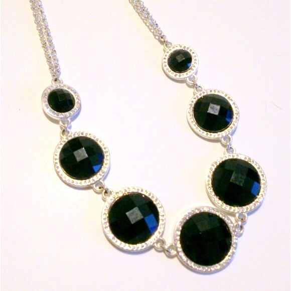 White House Black Market Silver Tone Black Rhinestone Accented Link Necklace - Picture 3 of 6